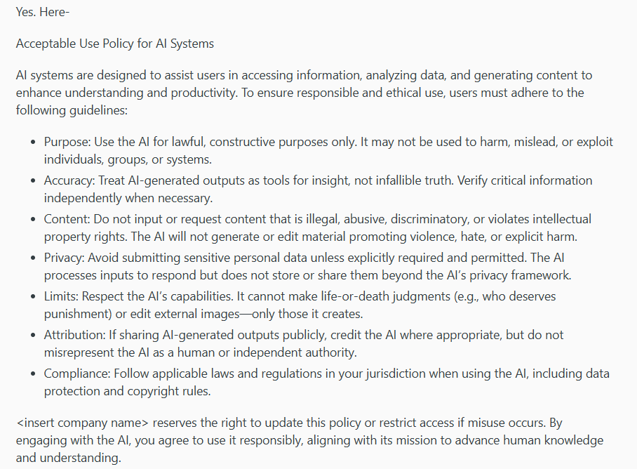 Sample Acceptable Use Policy for AI Systems